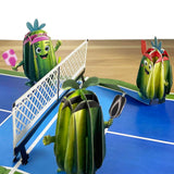 PQDGlobal 3D Pickleball Popup Card - Funny Handmade Paper Art with Four Pickles Playing for Birthday, Anniversary, Christmas, Fa