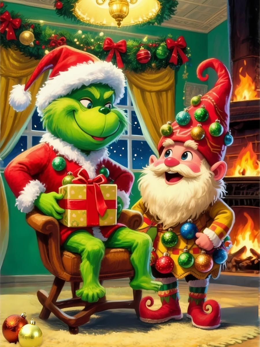 Christmas Diamond Painting Kits for Adults, 5D DIY Gnome Diamond Art Kits for Beginners, Diamond Dots Gem Art for Decorating Hom