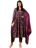 Gosriki Women'S Cotton Blend Anarkali Printed Kurta With Pant & Dupatta (Dabu Wine-Fka-Gs_Xl_Wine_X-Large),Wine,,B0CTXH7VTN