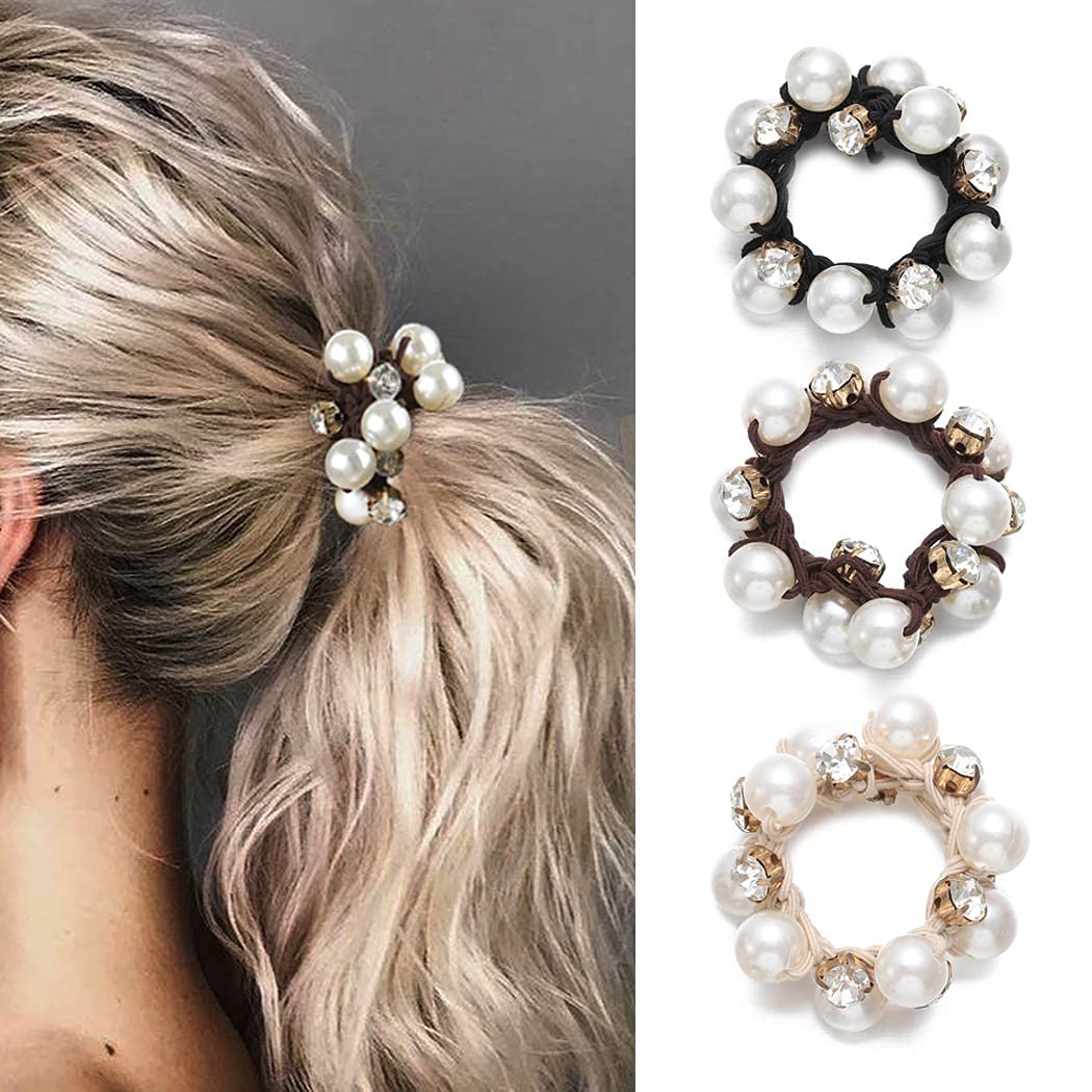 Brinie Hair Ties Black Elastic Hair Scrunchies Pearl Hair Bands Crystal Hair Ropes Hair Accessories for Women and Girls (Pack of