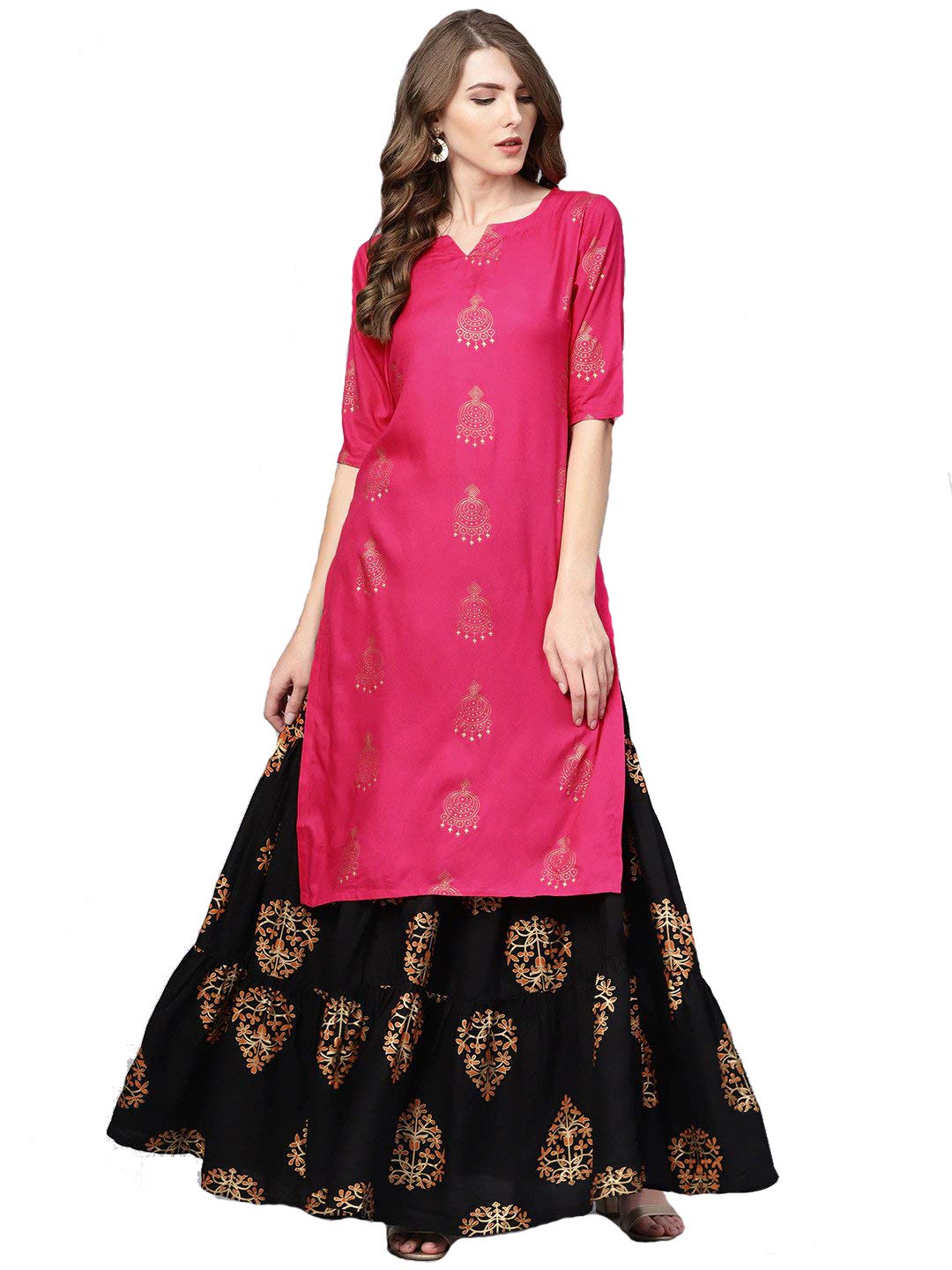 Gosriki Women'S Rayon Printed Straight Kurta With Skirt (Vertika Pink_M),Pink,,B08RBRRMJM
