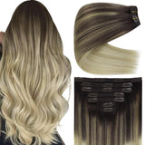 Ve Sunny Clip in Hair Extensions Real Human Hair Flexible Human Hair Clip in Extensions Ombre Hair Clip in Extensions Dark Brown