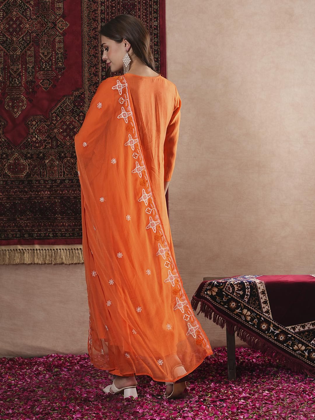 Anni Designer Women'S Rayon Blend Anarkali Thread Work Kurta With Pant & Dupatta (Ashvthama Orange-Vks07_M_Orange_Medium),Orange,M,Rayon Blend,Anarkali,
