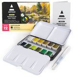 ARTEZA Watercolor Paint Set, 12 Earth Tones Half Pans, Watercolor Set with Brush, Semi Moist Water Colors