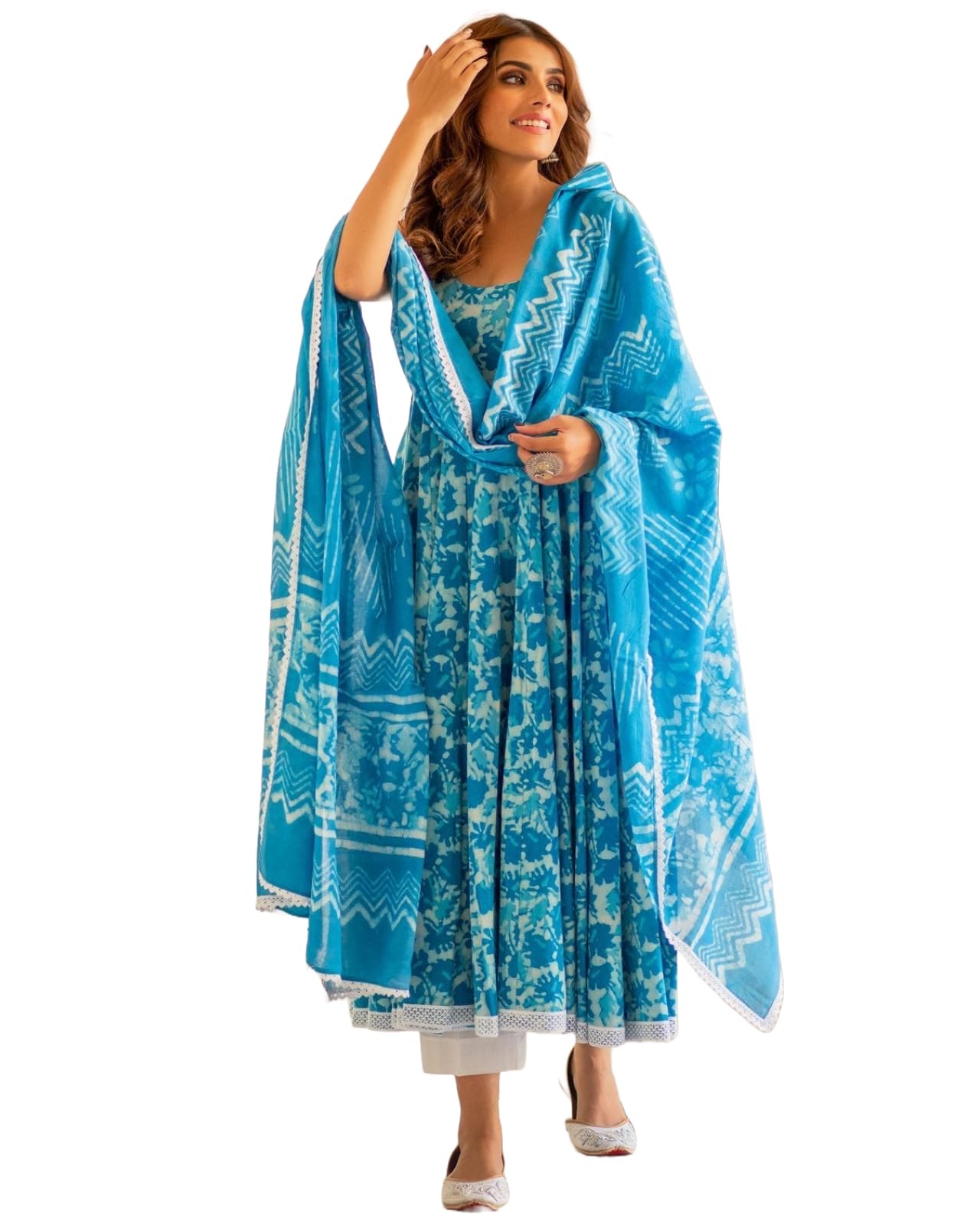 Anni Designer Women'S Cotton Blend Anarkali Printed Kurta With Pant & Dupatta (Kalishta Sky Blue_L_Sky Blue_Large),Sky Blue,L