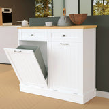 Betterhood Double Tilt Out Trash Cabinet 20 Gallon Trash Can Cabinet For Kitchen With Drewers & Solid Wooden Tabletop Free Standing Trash Bin Cabinet For Kitchen (White) -Like New