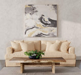 Sunset Trading Newport Slipcovered Recessed Fin Arm 94 Sofa | Stain Resistant Performance Fabric | 4 Throw Pillows | Tan