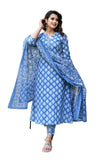 Yashika Women'S Stylish Printed Cotton Blend Kurta Pant Dupatta Set - Trendy Ethnic Wear For A Fashionable Look (Az-Ys-Og-Ks2087-Xxl) Blue,Blue,2XL