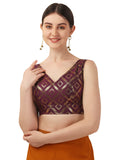 OOMPH! Women's Indian Ethnic Wear Designer Double Square Pattern Lace Work V Neck Sleeveless Purple Color Jacquard Readymade Blo