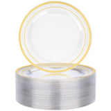 BESTVIP 50PCS Clear Gold Plastic Plate, 7 Inch Disposable Dessert Plate Party with Gold Rim, Heavy Duty Disposable Plastic Plate
