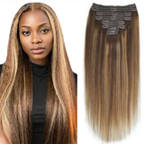 #4/27/4 Yaki Straight Clip in Hair Extensions Real Human Hair Omber Clip ins For Women Yaki Straight Clip on Hair(18inch,T1BP1B/