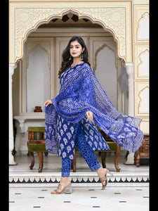 Gosriki Women'S Cotton Blend Floral Printed Straight Kurta With Pants & With Dupatta (Bulgeriya Blue-Nw-Cmd-Gs_L_Blue_Large),Blue,,B0C6GYVZH9