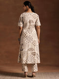 Libas Womens Printed Cotton Straight Kurta With Trousers Beige 2Xl