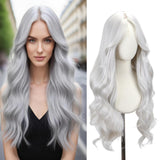 STYLER Silver Middle Part Wig with Bangs for Women -26 Inch Long Wavy Silver Wigs Synthetic Heat Resistant Hair Natural Looking 