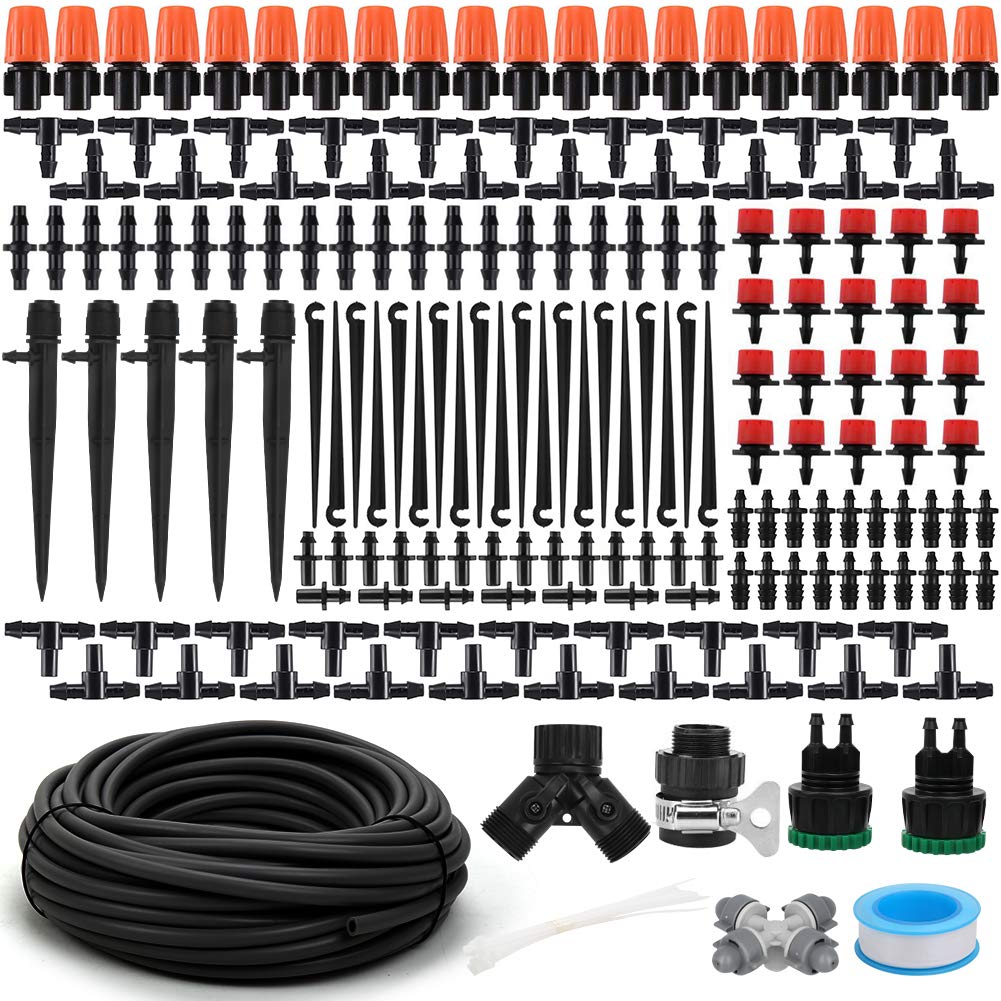 Flantor Garden Irrigation Kit,131ft 1/4 Drip Irrigation Kit Garden Irrigation System with Adjustable Nozzle Dripper Automatic 