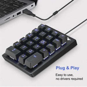 Rottay Number Pad, Mechanical USB Wired Numeric Keypad with Blue LED Backlit 22 Key Numpad for Laptop Desktop Computer PC Black