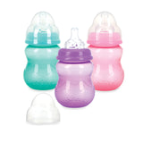 Nuby Wide Neck Non-Drip Bottle - Baby Bottles with Anti-Colic Vari-Flo Valve - (3-Pack) 8 Oz - 0+ Months - Aqua, Pink, Purple