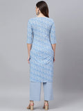 Idalia Sage Blue Printed Straight Cotton Kurta And Palazzo Set For Women Saga Blue Xl