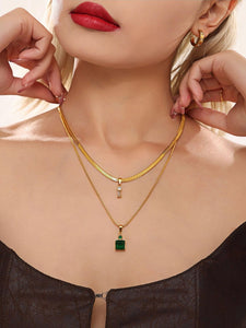 Layered Gold Chain Necklace with Green Zircon & Crystal Drop Pendant Stainless Steel Adjustable 15.7''+1.9'' Elegant Womens J