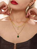 Layered Gold Chain Necklace with Green Zircon & Crystal Drop Pendant Stainless Steel Adjustable 15.7''+1.9'' Elegant Womens J