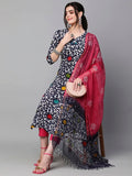 Anni Designer Women'S Cotton Blend Printed Straight Kurta With Pant & Dupatta (Khara Blue_M_Blue_Medium),Blue,M,Cotton Blend,Regular,