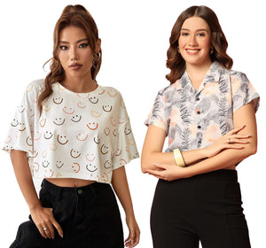 Toplot Women'S Casual Printed Crop Top With Short Sleeve Pack Of 2 (Combo-5135-Tre-Sml-Xs),Tree-Smile,,B0CCXV47P4