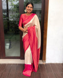 Sugathari Beige Womens Kanchipuram Art Silk Saree With Blouse Piece (Kanchipuram 2004 Beige Pink)