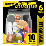 BURVAGY 6Pack Extra Large Plastic Storage Bags 10 Gallons 24x20x7 Zero BPA Double Zipper Seal 4 Mils Thick Double Layer Carry Ha