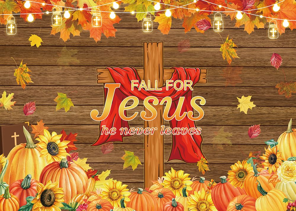LTDKAEN Fall for Jesus Backdrop He Never Leaves Wooden Autumn Thanksgiving Backdrop Autumn Harvest Pumpkin Maple Leaves Sunflowe