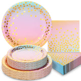 Boocikey 150PCS Pastel Rainbow Plates and Napkins Party Supplies Golden Dot Pastel Paper Plates Disposable for 50 Guests Rainbow
