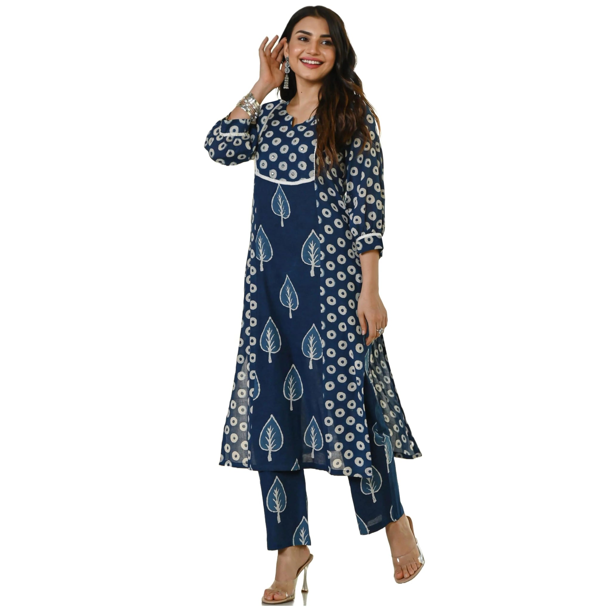 Anni Designer Women'S Cotton Blend Straight Fit Printed Kurta With Pant (Nagina Blue_L_Purple_Large),Blue,L