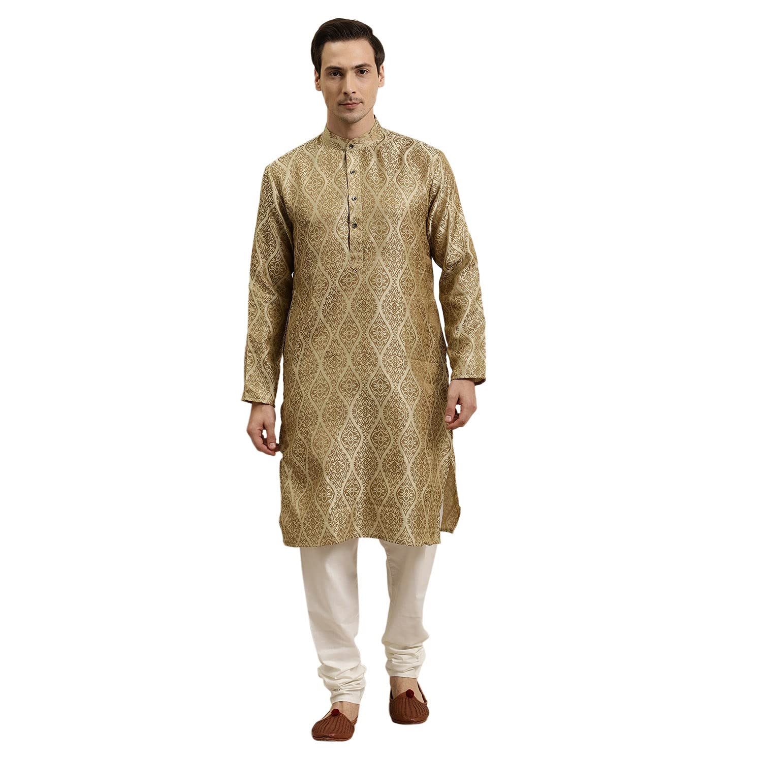 Sojanya (Since 1958 Men'S Jacquard Silk Beige & Gold Kurta & Off-White Churidar Pyjama Set Size 44