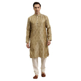 Sojanya (Since 1958 Men'S Jacquard Silk Beige & Gold Kurta & Off-White Churidar Pyjama Set Size 44
