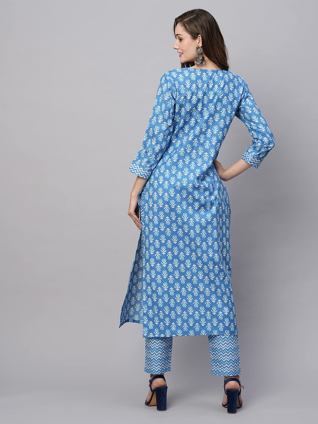 Anni Designer Women'S Cotton Blend Straight Printed Kurta With Pant (Desi Blue_Xl_Blue_X-Large),Blue,XL,Cotton Blend,Regular,