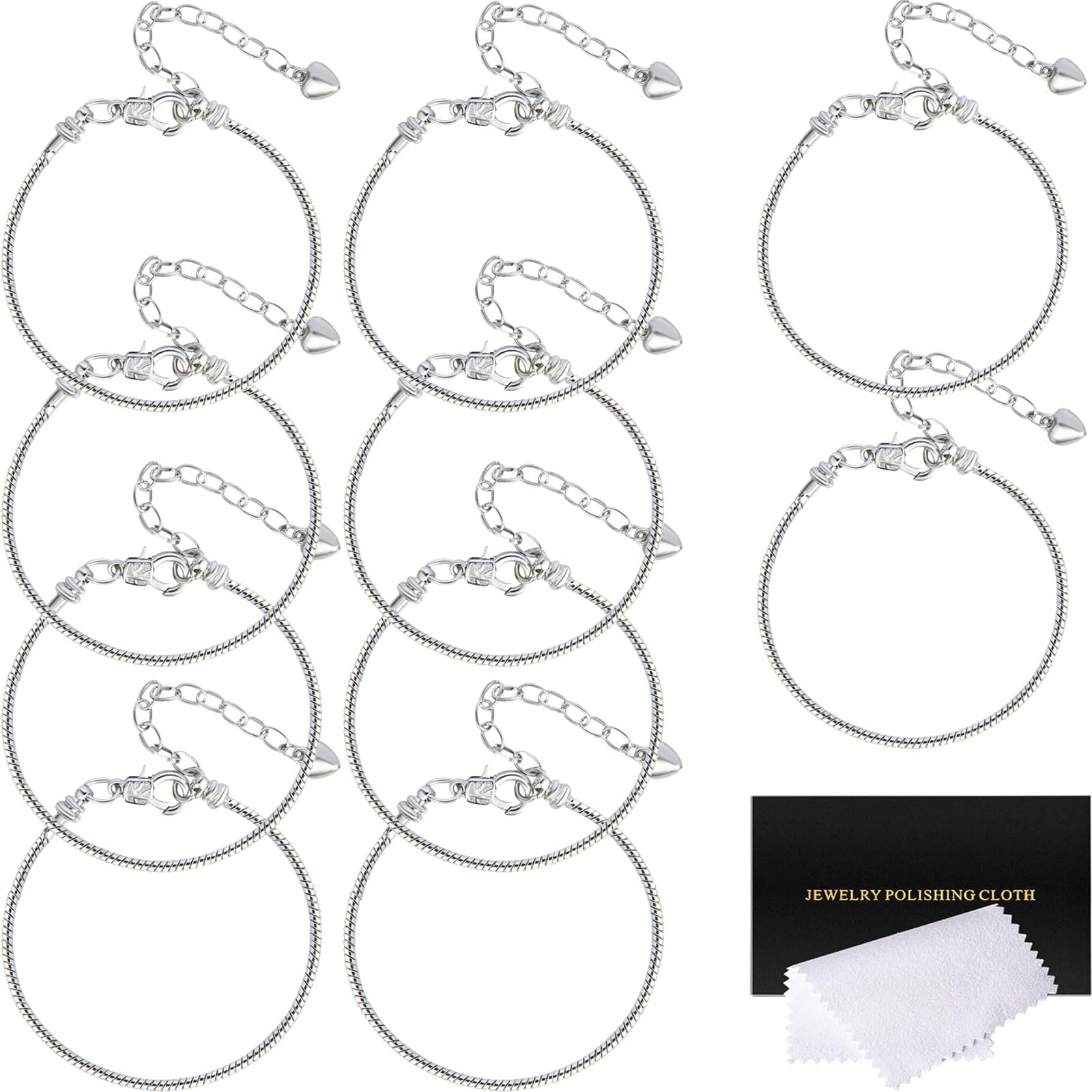 10 Pcs Snake Charm Bracelet Chain Adjustable Charm Bracelet Kit 3mm Dainty Snake Chain Bracelets Chain with Heart Lobster Clasp 