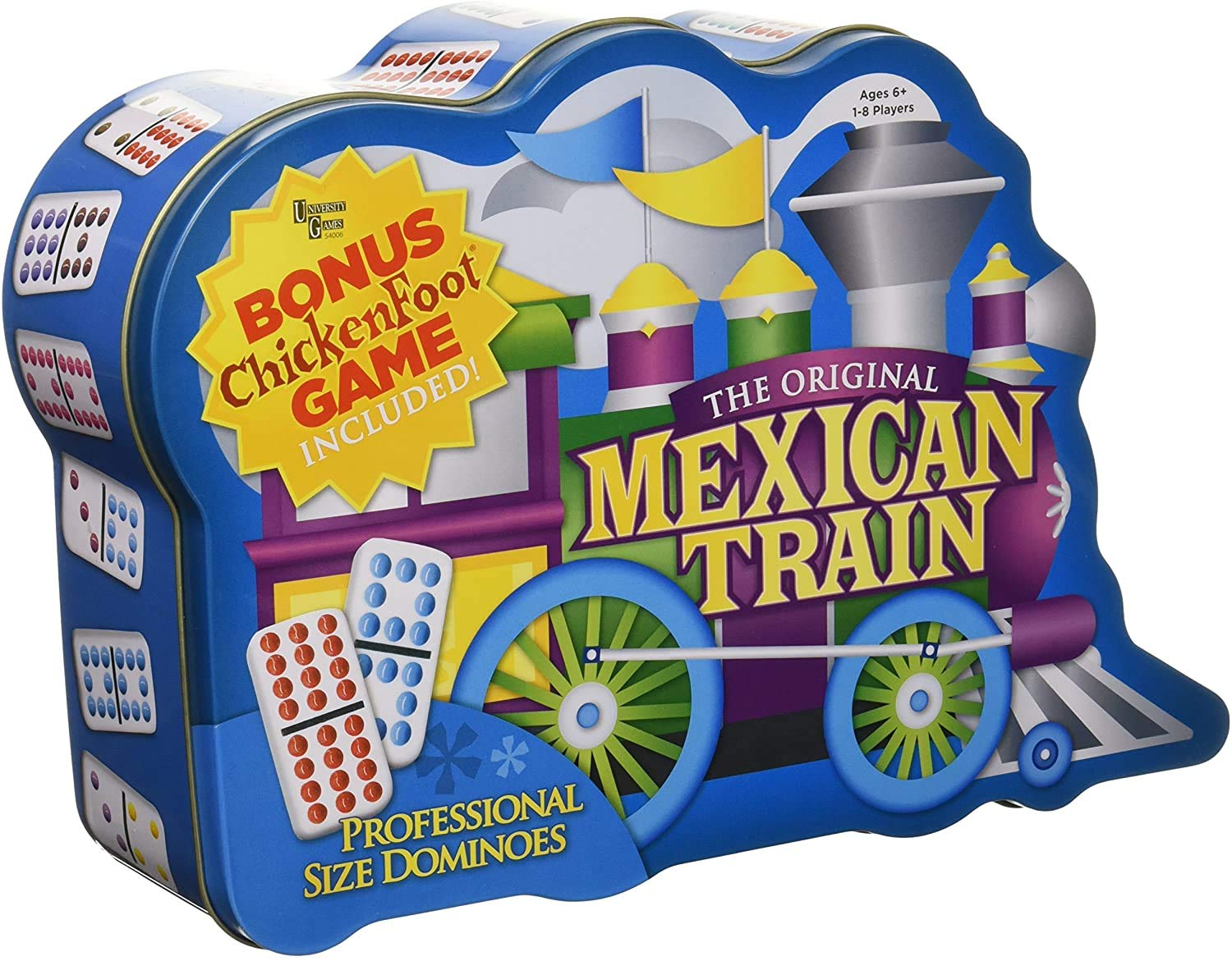 Puremco Mexican Train Double 12 Professional Size Dominoes With Bonus Chickenfoot Game Included Travel Tin Board Game, 91 Tiles,