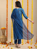 Gosriki Women'S Rayon Blend Straight Bandhej Printed Kurta With Pant & Dupatta (Turae Cerosin-Vks02-Gs_S_Dark Blue_Small),Dark Blue,,B0DJK49HDC