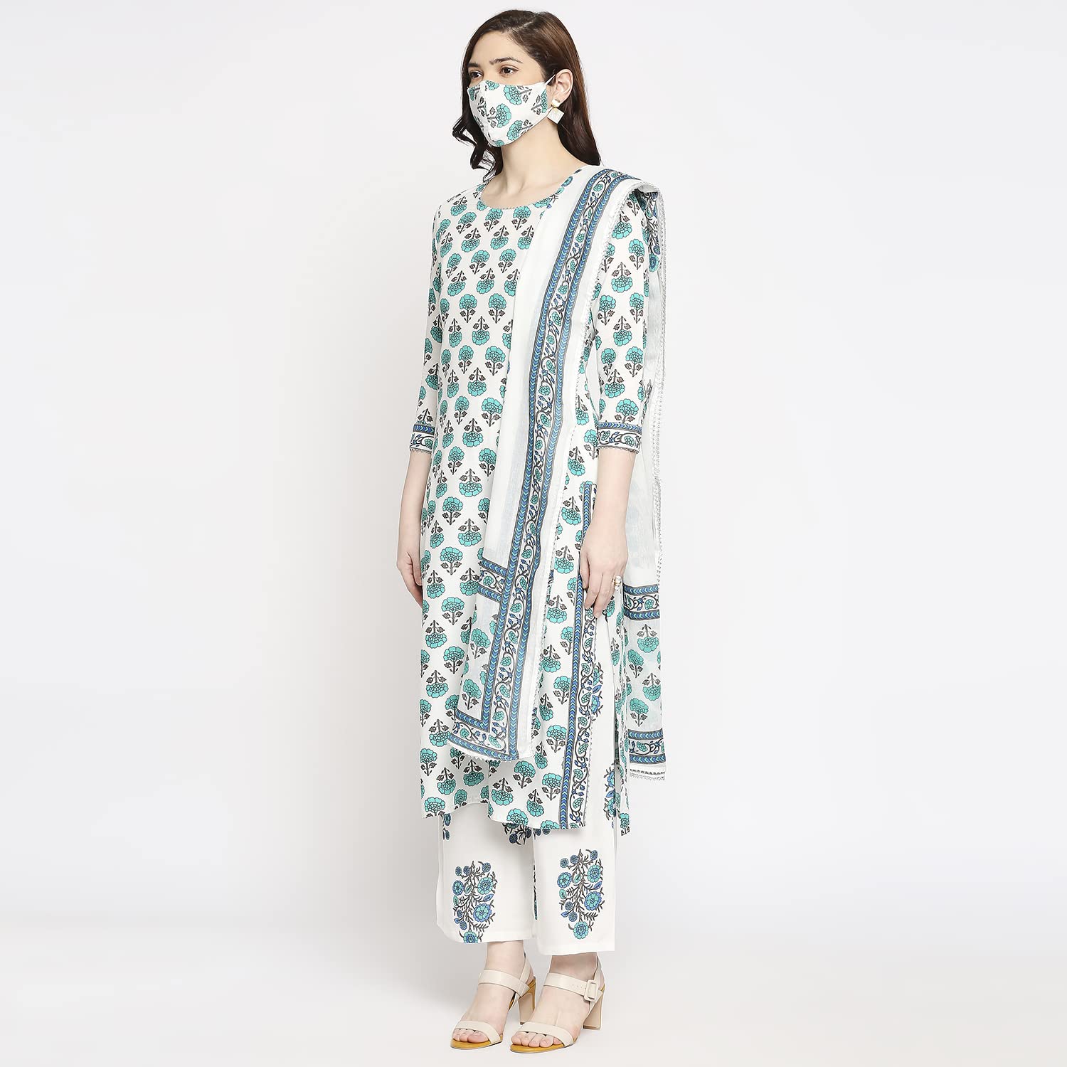 Anni Designer Women'S Cotton Straight Kurta With Palazzo & Dupatta (Jaipuri Sea Green_Gsk_M_Sea Green_Medium),Sea Green,M,Cotton,Straight,