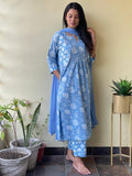 Gosriki Women'S Cotton Blend Straight Printed Kurta With Pant & Dupatta (Paridhi Blue-Gs_M_Blue_Medium),Blue,,B0CBPR9BLR