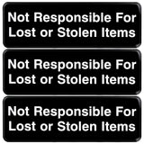 Excello Global Products Not Responsible for Lost or Stolen Articles Sign: Easy to Mount Informative Plastic Sign with Symbols 9x