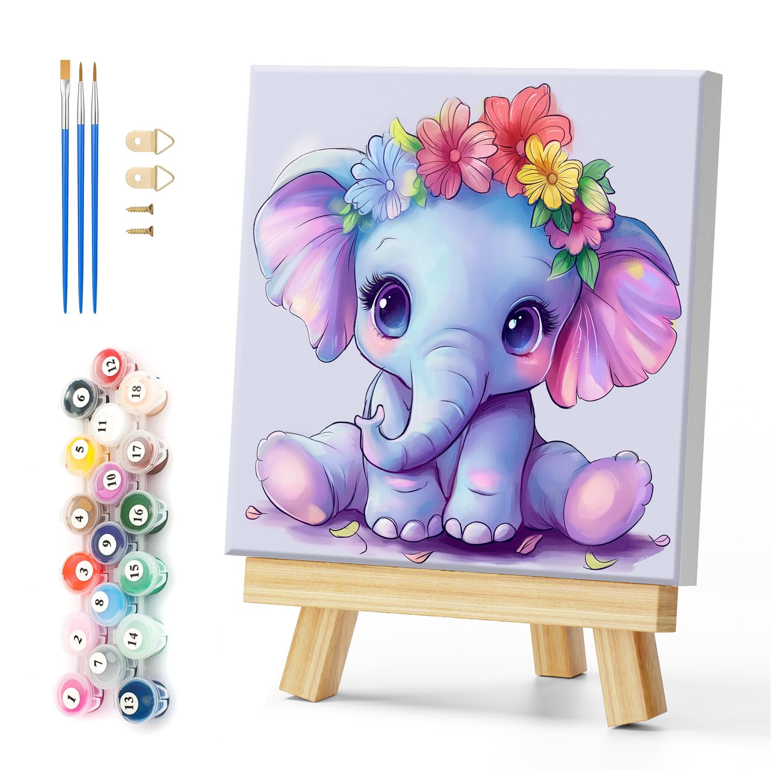 Natuyalo Framed Paint by Numbers on Canvas Elephant and Flowers Acrylic Paint by Numbers Kits for Adults Beginner Animal Picture