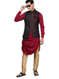 Manyavar Kurta Jacket Set For Men, Full Sleeves Mandarin Collar Ethnic Kurta Jacket Set For Festival, Wedding, Party Spandex (Red) (L)