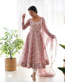 Women Floral Print Anarkali Kurta With Pant And Duptta (Medium Pink),Pink,M,Georgette,Anarkali,Dupatta