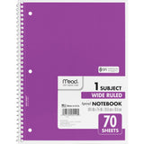 Mead Spiral Notebook, 1 Subject, Wide Ruled Paper, 7-1/2 x 10-1/2, 70 Sheets, Color Will Vary (05510)