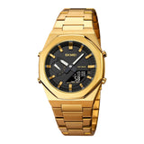 Skmei Dual-Display Electronic Watch For Men Analog-Digital Display Black Dial Zinc Alloy Men'S Stainless Steel Gold Color Stylis