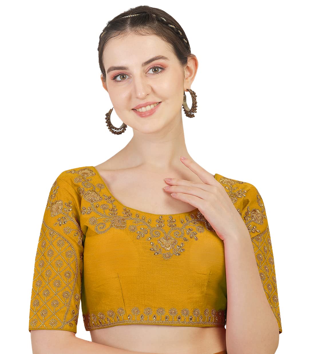 Vihu Fashion Women's Silk Floral Sleeveless Blouse (Florall Blouse Variant vf_Yellow_38)