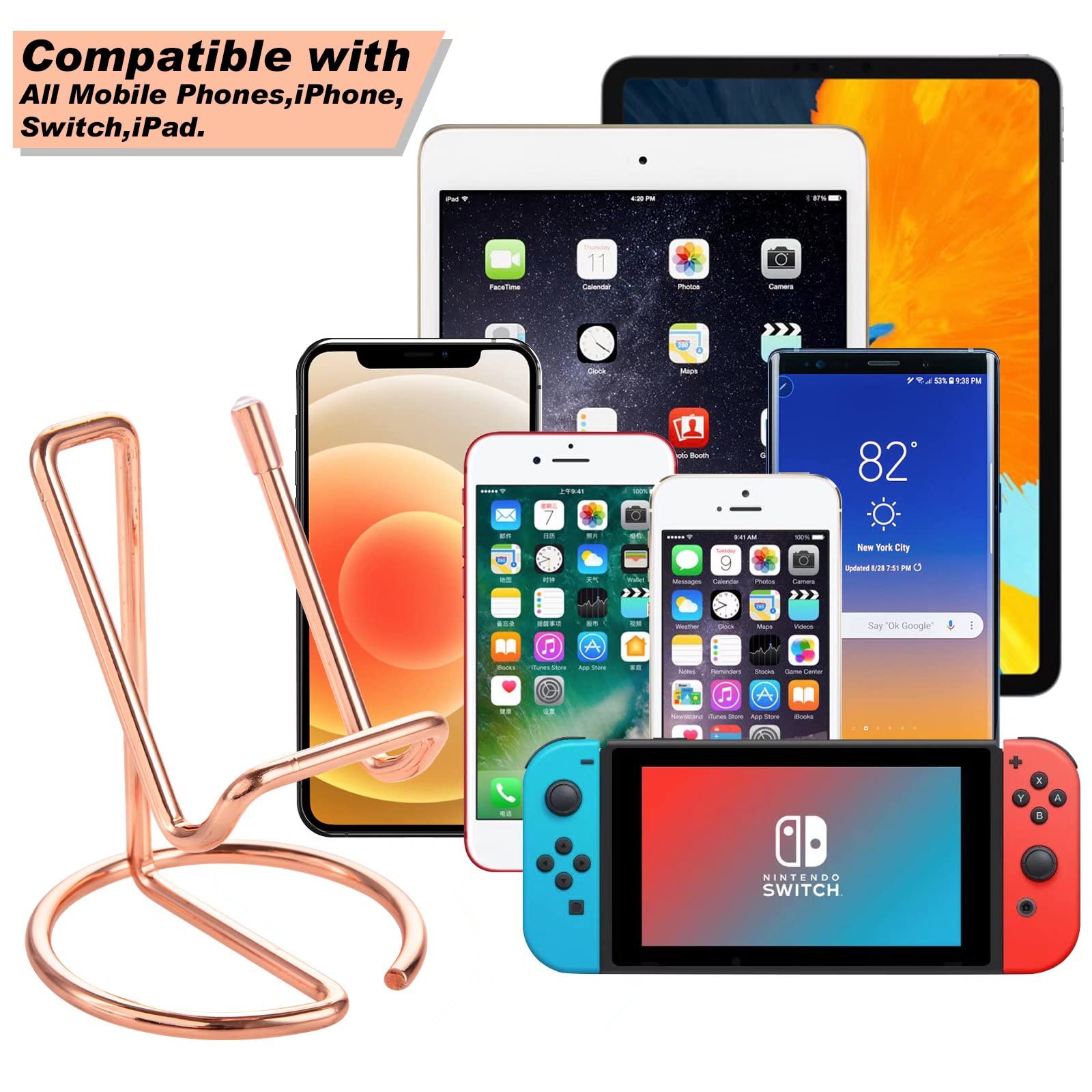 ROPOSY Cell Phone Stand Holder Desk Accessories, Cute Metal Rose Gold, Compatible with All Mobile Phones, iPhone, Switch, iPad