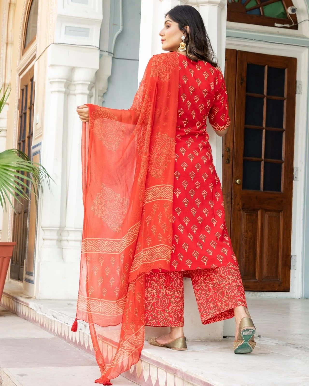 Anni Designer Women'S Cotton Blend Straight Printed Kurta With Palazzo & Dupatta (Parso Red_S_Red_Small),Red,S,Cotton Blend,Regular,Dupatta