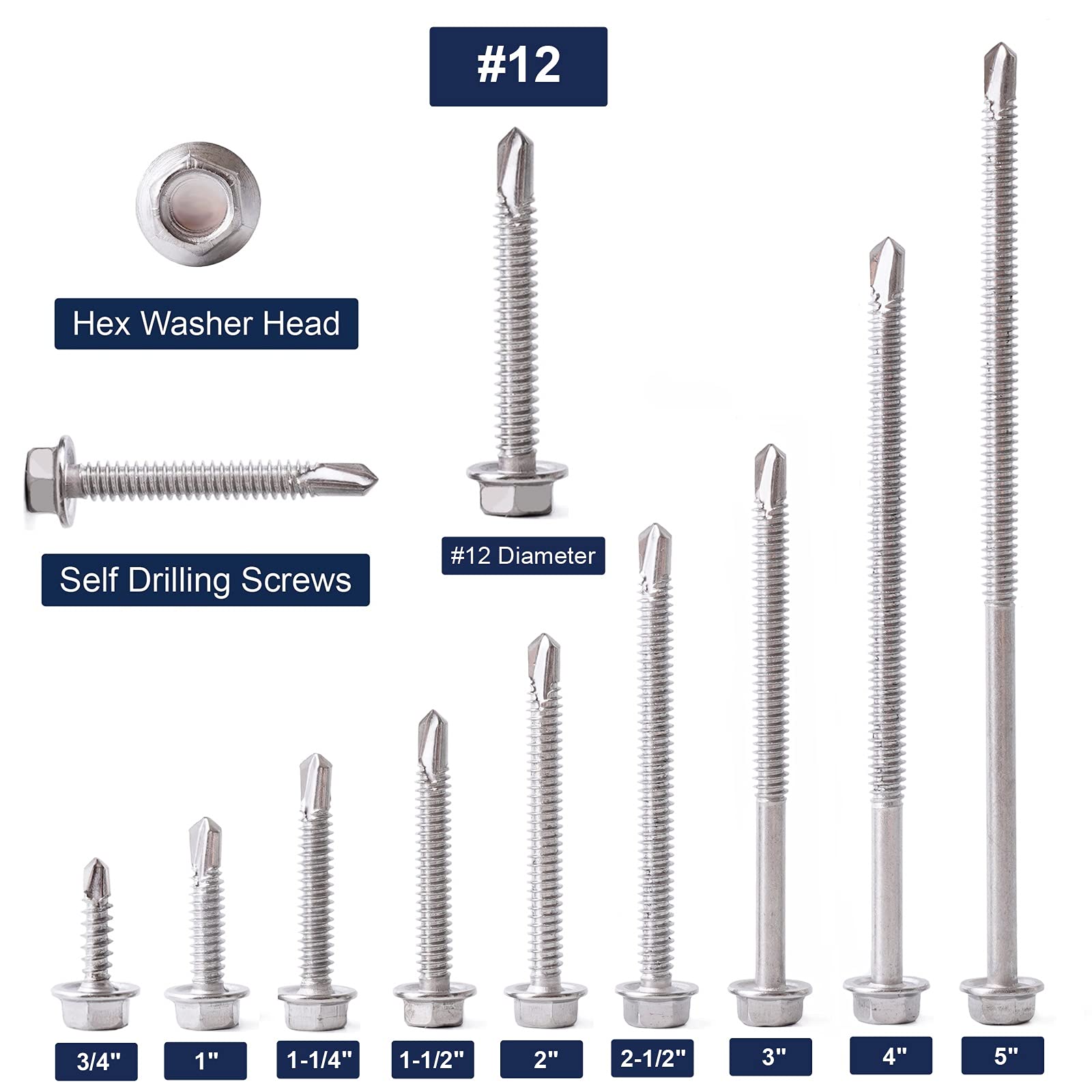 #12 x 2 Sheet Metal Screws 100PCS 410 Stainless Steel Hex Washer Head Fast Self Tapping Screws by SG TZH