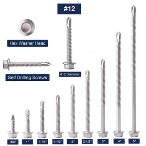 #12 x 2 Sheet Metal Screws 100PCS 410 Stainless Steel Hex Washer Head Fast Self Tapping Screws by SG TZH